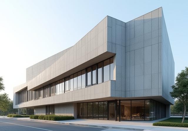 Exterior shot of a modern building with striking geometric lines