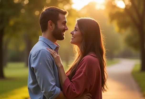 Casal em um ensaio de noivado no parque
