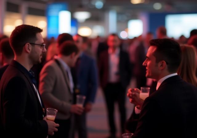 Photo capturing attendees networking at a busy business conference