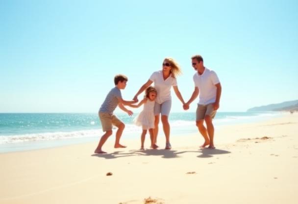 Família feliz brincando na praia